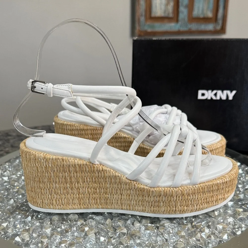 DKNY White Strappy Wedge Sandals with Woven espadrille Platform NEW 6.5